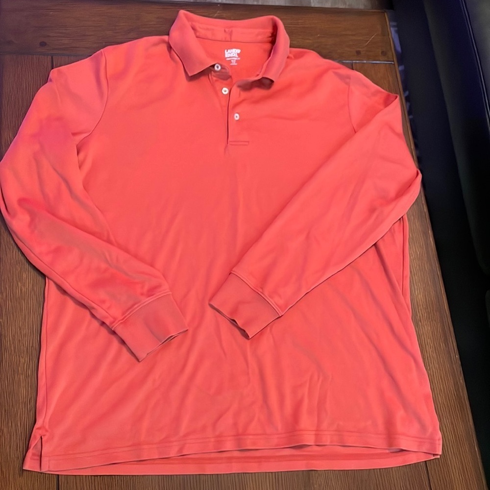 Lands End Deep Orange Long Sleeve Super Soft Polo Shirt Sz XL